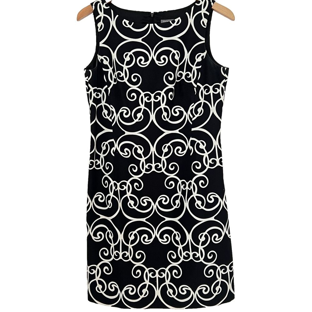 Ann Taylor Dress 8P Cotton Silk Black White Scroll Print shift Sleeveless